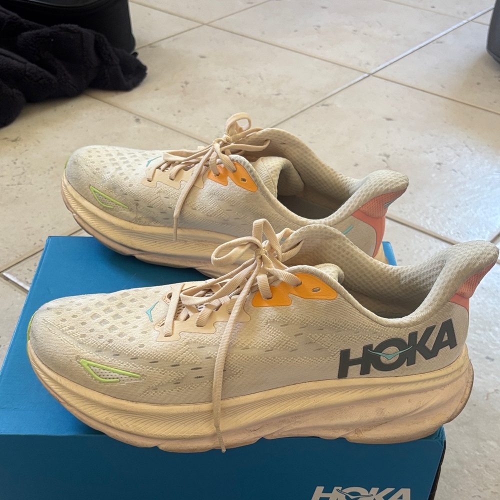 Hoka Sneakers in Cream with Orange and Green Accents - Picture 3 of 7